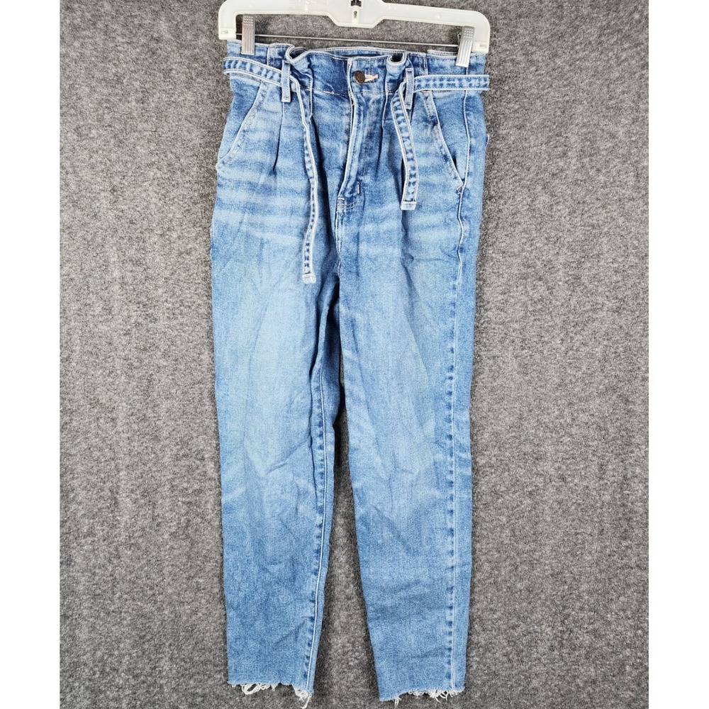 Hollister Ultra High-Rise Mom Jeans Womens 0S Blue Paperbag Waist Raw Hem 24x25